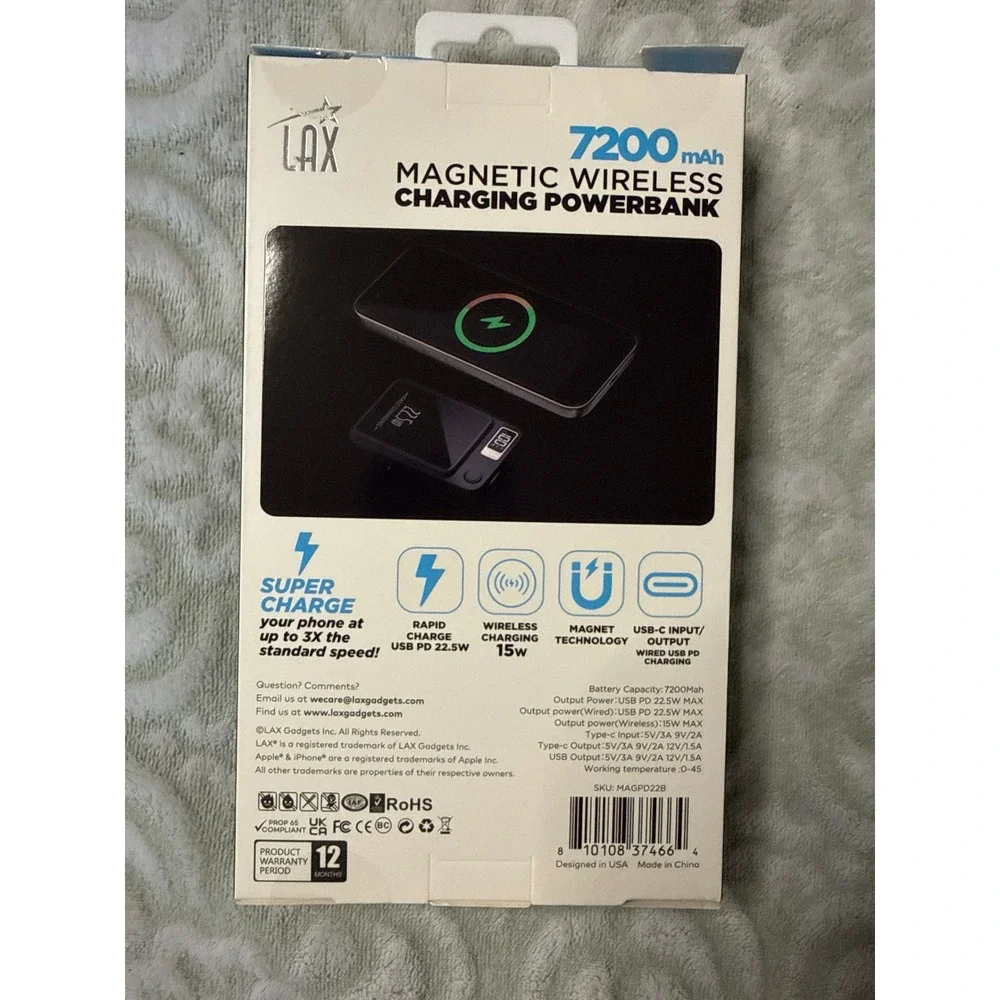 LAX 7200mAh Magnetic Wireless Charging Power Bank 22.5W USB-C PD Black MAGPD22B